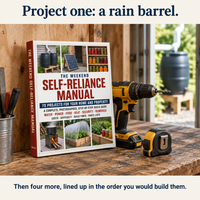 The book on a workbench beside a drill and tape measure. Project one is a rain barrel, then four more in build order.