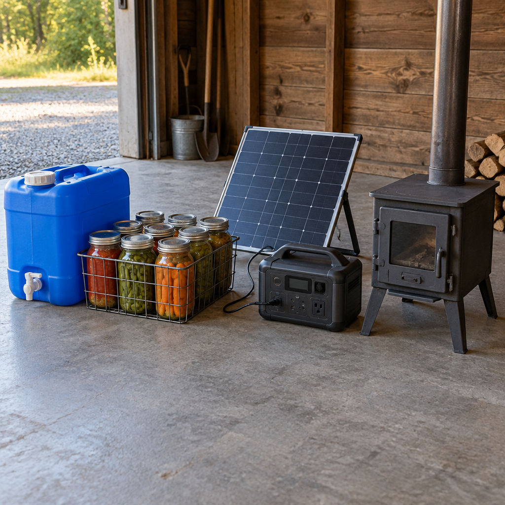 A water container, home-canned jars, a solar panel with power station and a small wood stove on a garage floor.